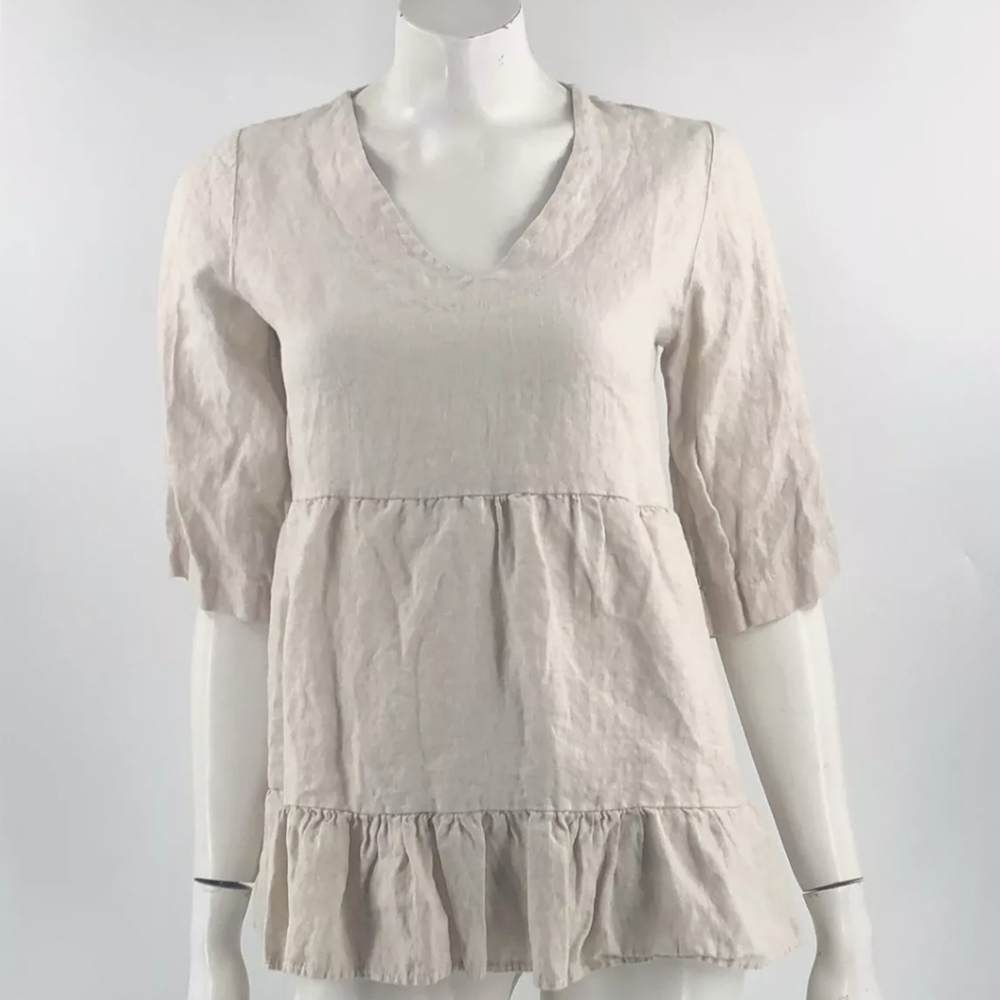 100% Linen Lauren Bianchi Cream Ruffle Hem Tunic Top Size L